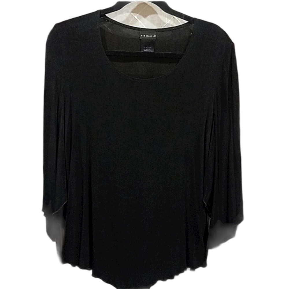 Citiknits Women's Size Large Blouse Black Split Sleeve Lettuce Edge Shirt Tunic